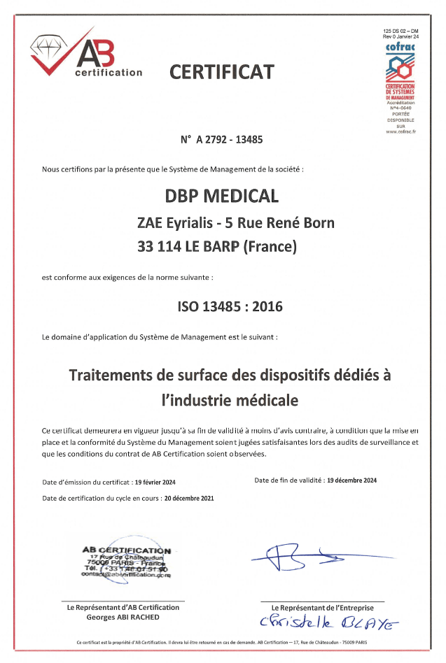 Renouvellement de certification pour DBP Médical en 2024. ISO 13485